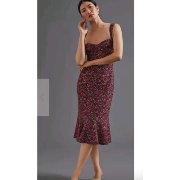 Anthropologie Hutch Dress Ditsy Floral Sweetheart Midi Flounce Hem XL Romantic - Picture 1 of 16